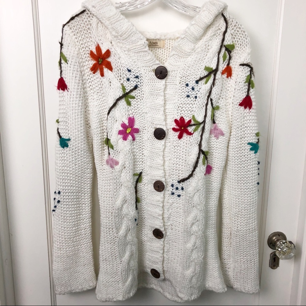 Embroidery Flower Hoodie Button Down Sweater